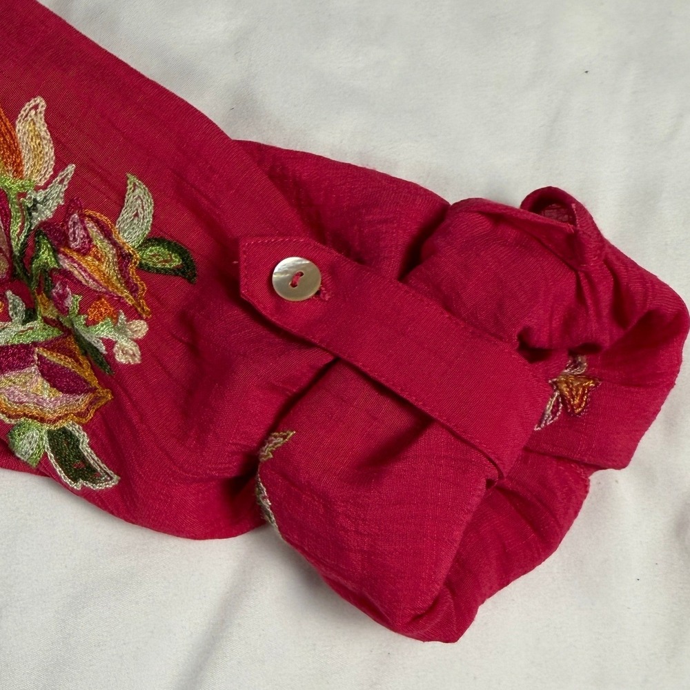 Figueroa & Flower Magenta Floral Embroidered Crinkle Gauze Button Down Shirt XL - Picture 5 of 7